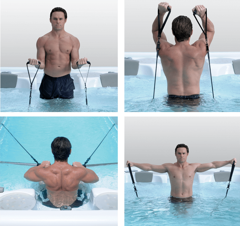 Man toning and sculpting arms in Vita Swim Spa with resistant bands